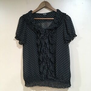 Apt. 9 Polka Dot Ruffle Blouse Womens L Black White Romantic Pinup Rockabilly